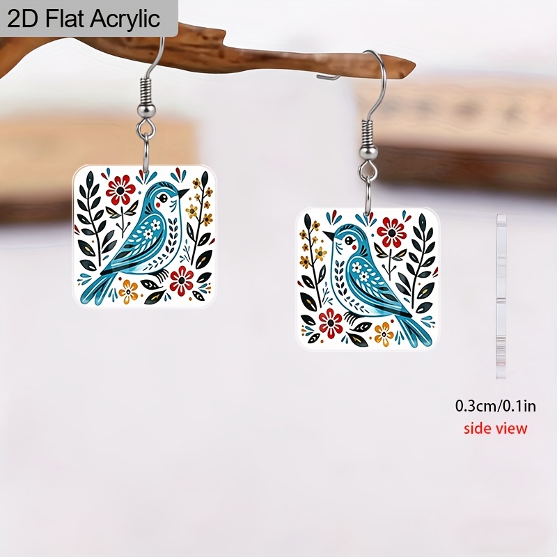 Women's Colorful Floral & Blue Bird Acrylic Dangle Earrings